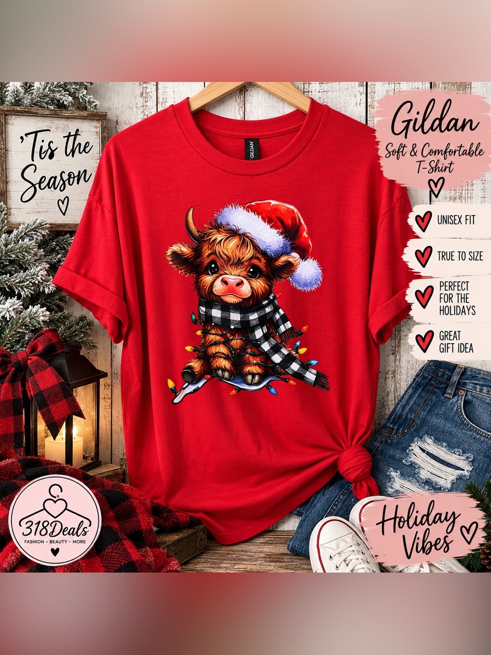 Gildan Red Kids Christmas Cow Tee with Santa Hat